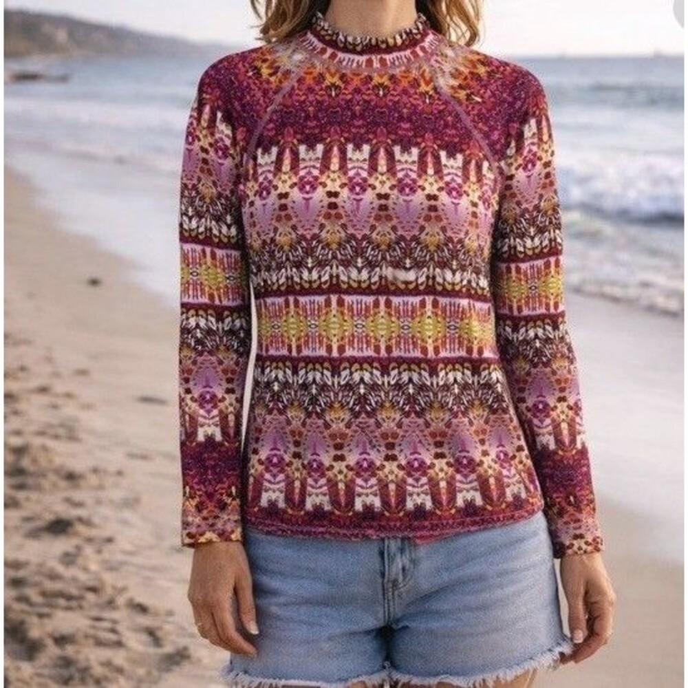 GARNET HILL Size XL Mock Neck Back Zip Rash Guard Watercolor Pink & Orange Beach